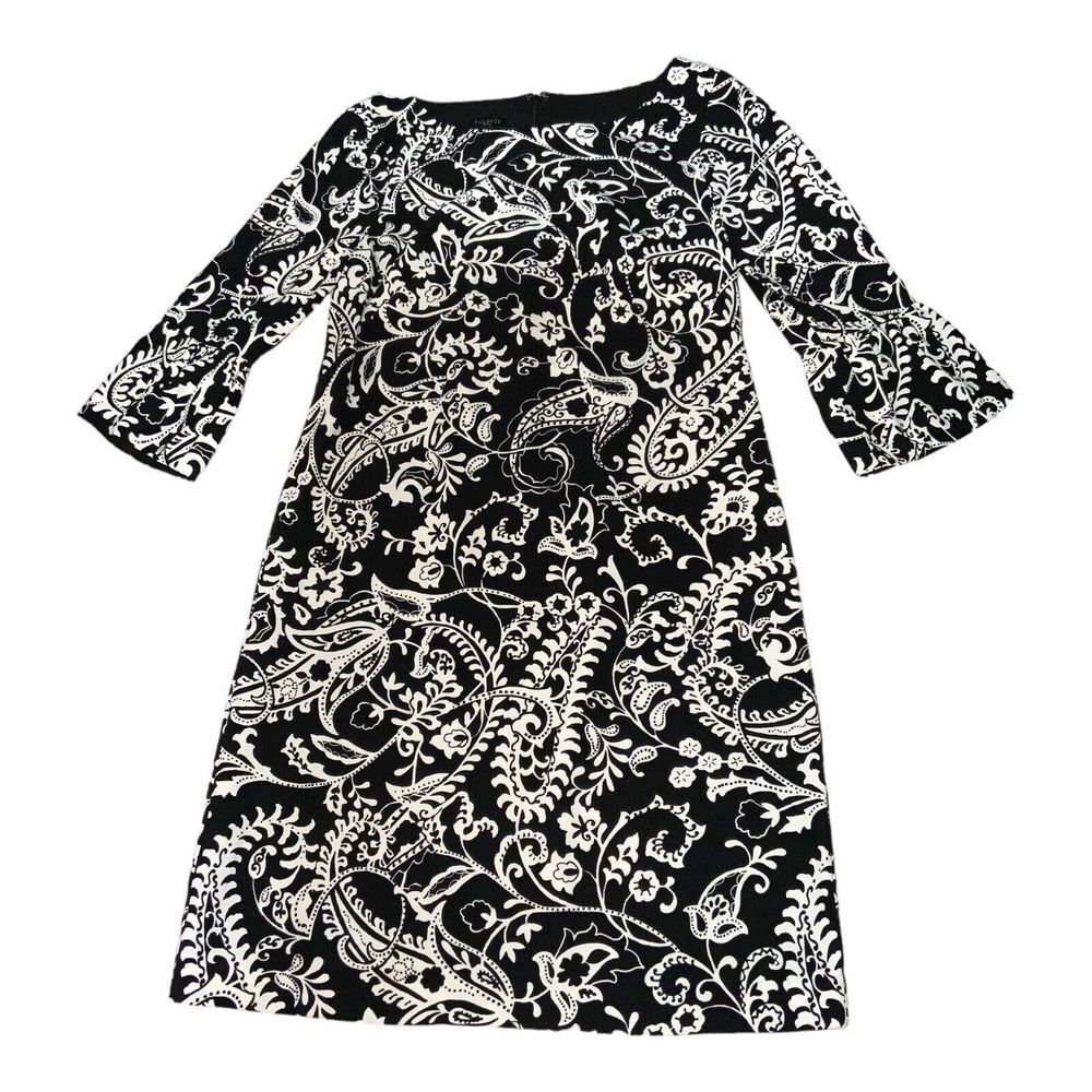 Talbots Paisley Crepe Shift Dress Women's Size 2P Bell Sleeves Black and White